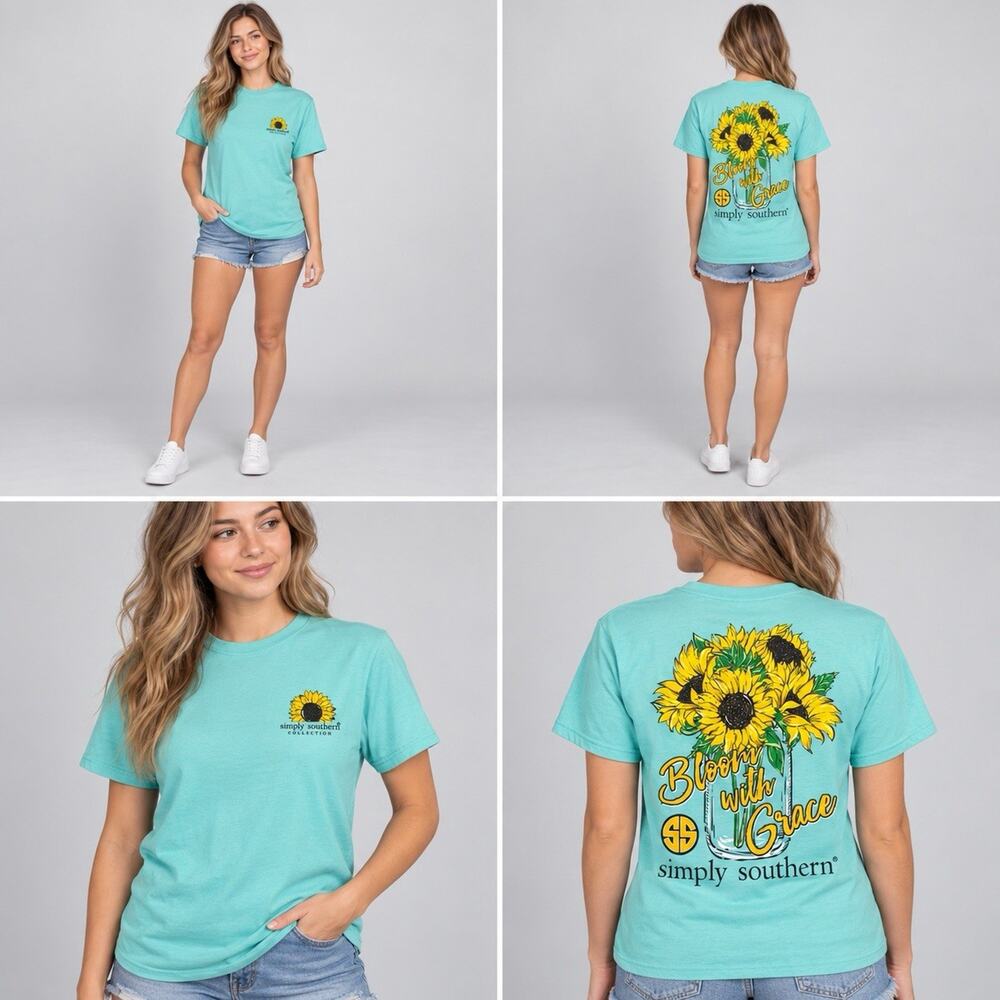 Simply Southern Women’s Small Aqua Bloom With Grace Sunflower Graphic T-Shirt